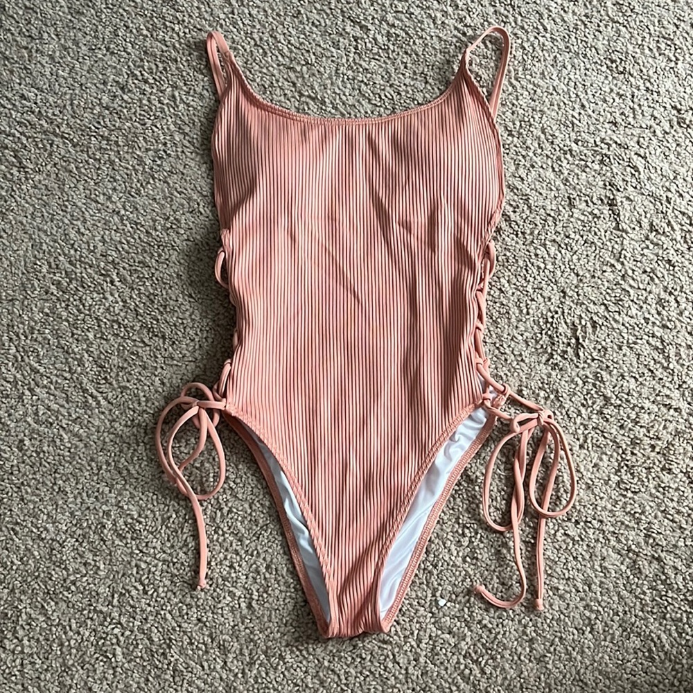 PINK ribbed one piece swim